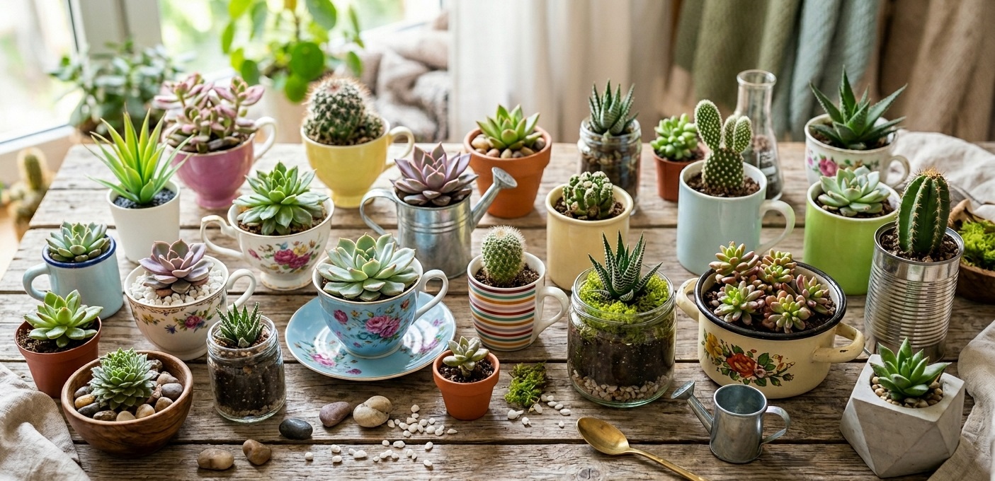 małe sukulenty, kaktusy, rośliny w filiżankach, słoikach, nietypowych naczyniach.